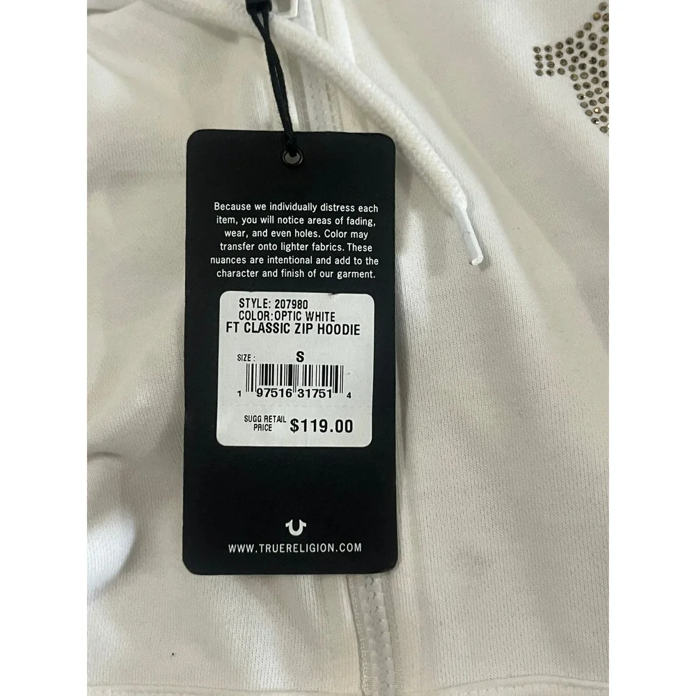 True Religion Optic White Rhinestone Logo Zip Hoodie 207980 Mens‎ Small NWT